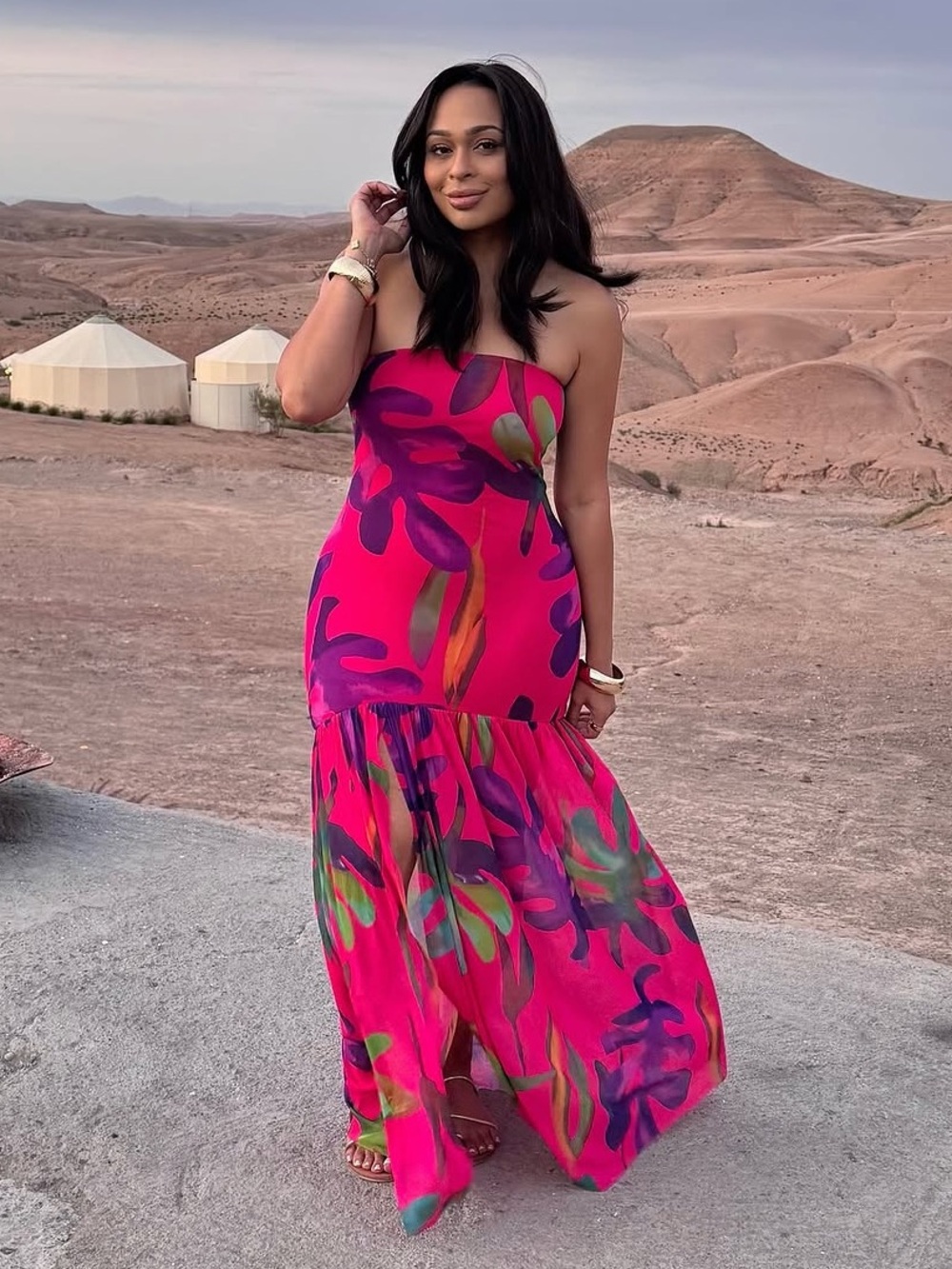 Strapless Pink Floral Maxi Dress with Slit
